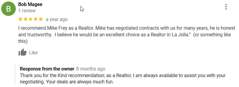 5 Star Reviews give to Mike Frey Realtor with Berkshire Hathaway HomeServices California Properties in la Jolla. mage gallery image