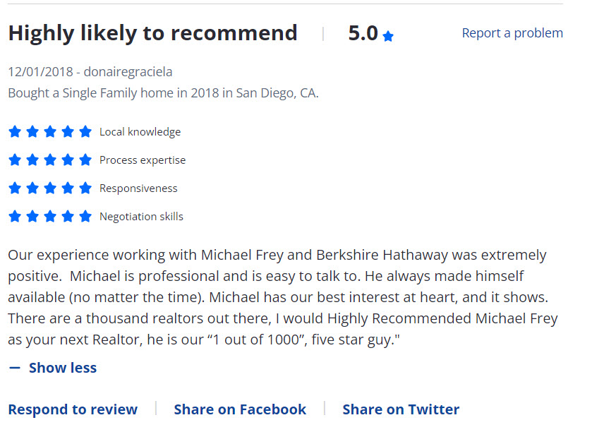 5 Star Reviews give to Mike Frey Realtor with Berkshire Hathaway HomeServices California Properties in la Jolla. Image gallery image