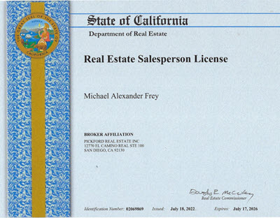 Michael Frey Realtor California State Licenses. Ready and fully trained to help people with their real estate needs. 