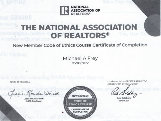 National Association of Realtors Code of Ethics. Completion Certificate. 