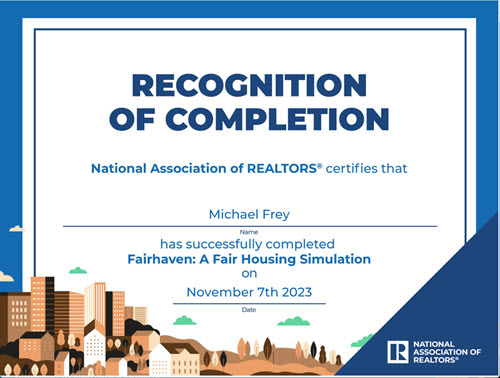 National Association of Realtors  Certificate for Michael Frey. Fair Housing Simulation. 