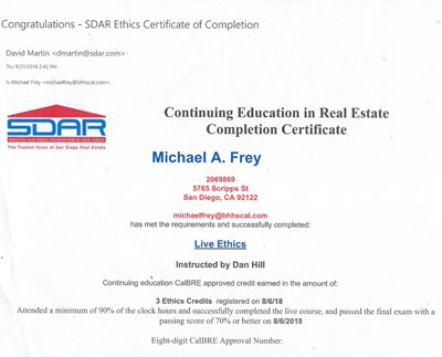 San Diego Association of Realtors SDAR certificate of Ethics presented to Mike Frey Realtor with Berkshire Hathaway HomeServices California Properties in la Jolla. 