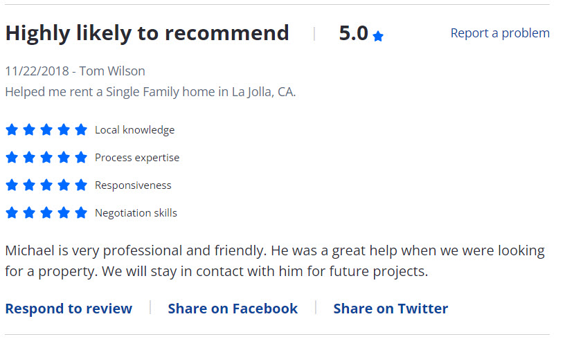 5 Star Reviews give to Mike Frey Realtor with Berkshire Hathaway HomeServices California Properties in la Jolla. 